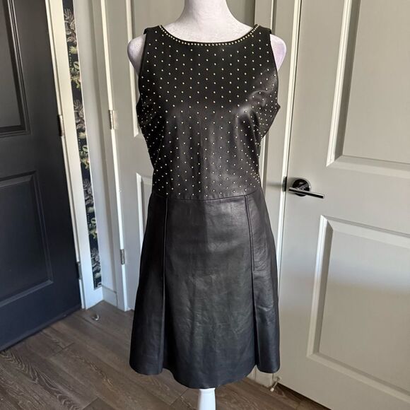 Moschino Dresses & Skirts - Moschino Black Leather Cocktail Dress with Gold Studded Bodice Size M
